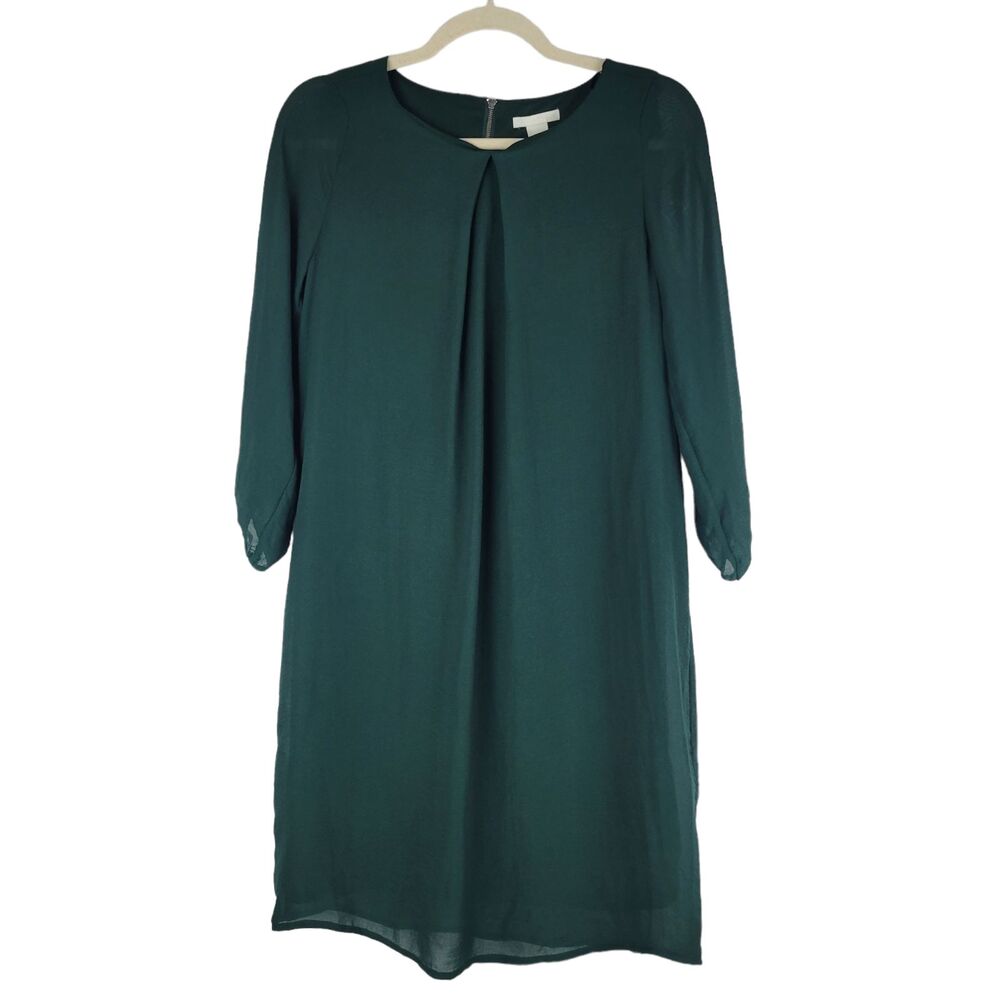 H &M Womens Green 3/4 Sleeve Back Zip Casual Round Neck Mini Dress Lined 4 NWT